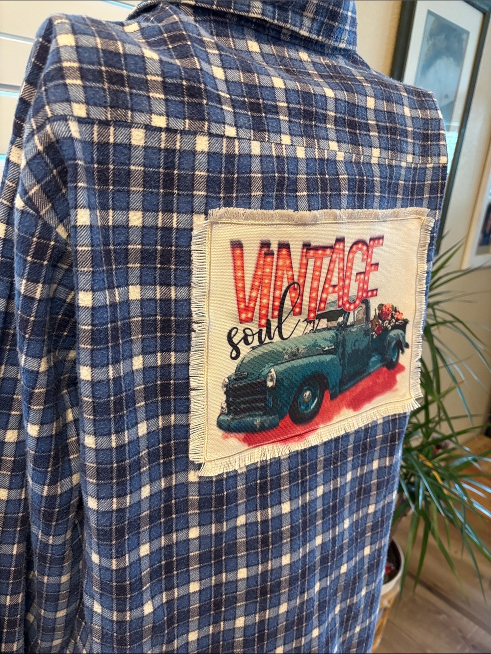Handmade one of a kind distressed flannel with Vintage Truck Back Patch - Picture 2 of 7